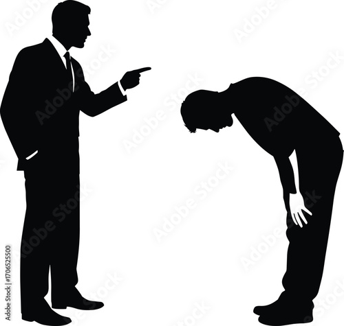 Black and white silhouette, business confrontation scene, angry boss pointing finger, employee bending over, workplace authority, reprimand, corporate discipline, power dynamics, vector illustration