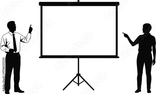 business presentation silhouettes, man and woman pointing, blank projection screen, corporate training, meeting, seminar, lecture, teamwork, professional discussion,