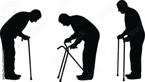 elderly person silhouettes, walking cane, walker, mobility aid, senior support, disability assistance, vector illustration, black and white, minimal style, healthcare, rehabilitation