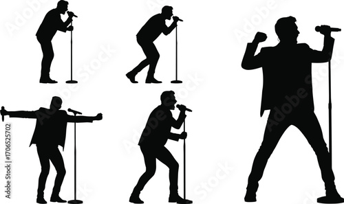 Singer with microphone silhouettes vector illustration, live music performance icon set, vocalist on stage design, concert and entertainment graphic clipart