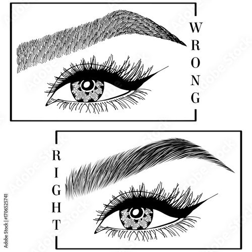Illustration with woman's eyes, eyelashes and eyebrows. Makeup Look. Tattoo design. Logo for brow bar or lash salon. Wrong and right coloring care. Set of well-groomed and shaggy eyebrows.