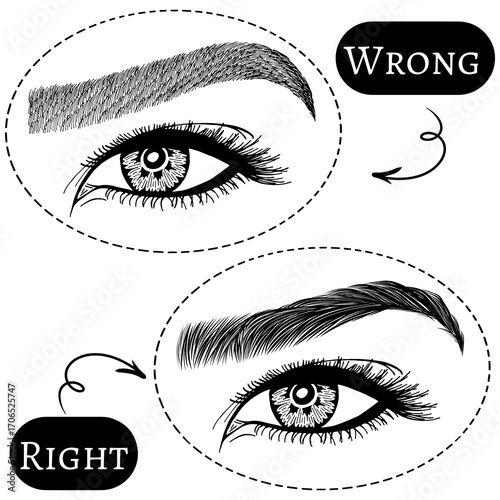 Illustration with woman's eyes, eyelashes and eyebrows. Makeup Look. Tattoo design. Logo for brow bar or lash salon. Wrong and right coloring care. Set of well-groomed and shaggy eyebrows.