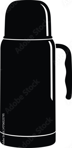 Black thermos flask silhouette vector illustration, portable drink container icon, insulated bottle design, hot and cold beverage storage symbol, minimalist travel mug clipart