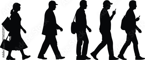 Walking people silhouettes vector illustration, everyday activity and lifestyle icon set, urban pedestrian design, shopping and mobile phone use graphic clipart