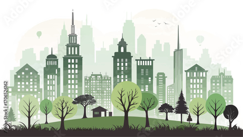 Stylized green cityscape with trees and buildings in a peaceful urban environment illustration scene