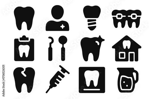 Collection of dental icons representing oral care, treatments, and dental tools used in the field of dentistry