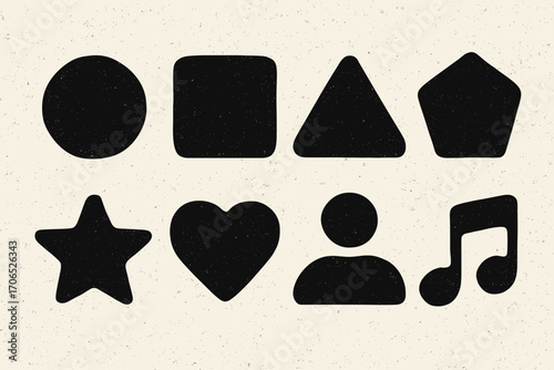Shapes and symbols in black silhouette on a cream background showcasing geometric and iconic designs