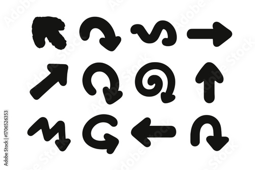 Various abstract arrows and curves created in black, suitable for design projects or illustrations
