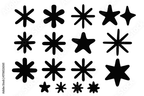 Different star shapes and designs arranged in various sizes and styles on a plain background