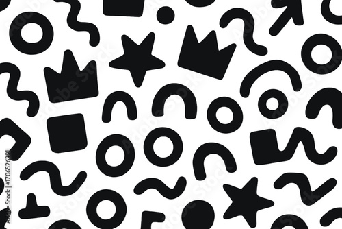 Colorful abstract pattern featuring geometric shapes and fluid designs on a white background