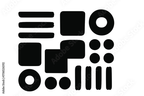 Shapes and patterns in black and white contrasting design on a plain background