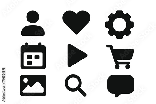 A set of black icons for functions like profile, heart, settings, calendar, play, cart, image, search, and chat