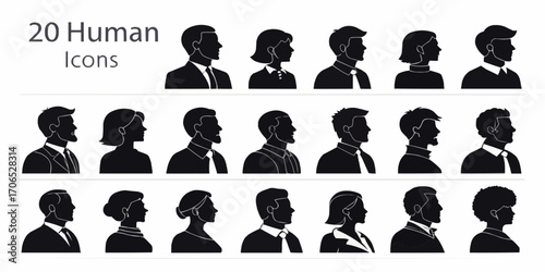 Collection of twenty human head icons in silhouette showing diverse hairstyles and professional attire