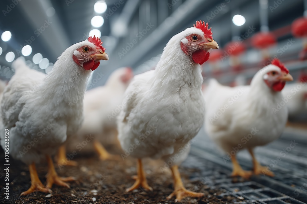 Fototapeta premium Modern poultry farming features hens with electronic drinkers and automated ventilation systems in a spacious facility