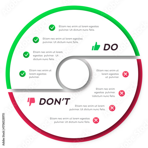 Circle chart infographic template do dont modern style for presentation, start up project, business strategy, theory basic operation, logic analysis. Venn diagram vector 10 eps