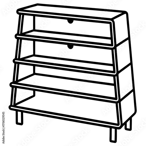 Simple black line art silhouette of a four tier shelf unit with two drawers isolated on white background