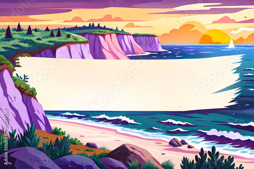 Flat white banner across coastal cliffs illustration vector, ocean waves horizon, wilderness outdoor landscape, rustic scenic placement, solitude dramatic surface, natural background