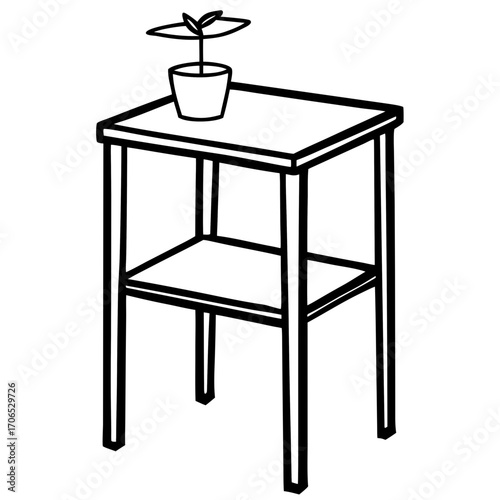 A simple line drawing of a two tiered side table with a potted plant on top isolated on white background silhouette