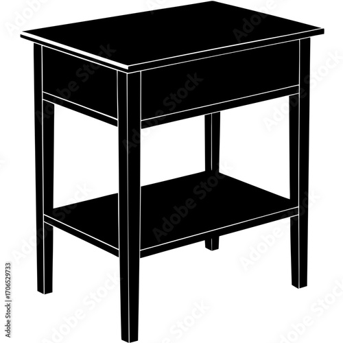 A simple black silhouette of a two tiered wooden side table isolated on white background