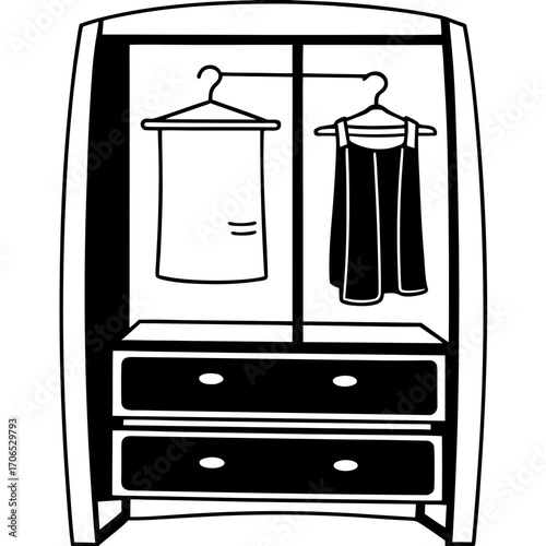 Simple black and white silhouette of an open wardrobe with clothes hanging and drawers isolated on white background