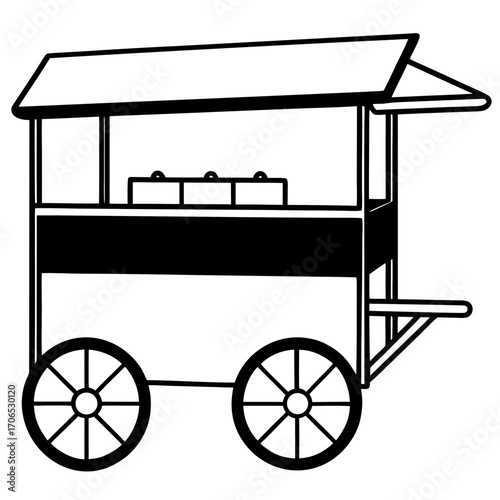 Simple black silhouette of a food cart with wheels and canopy isolated on white background