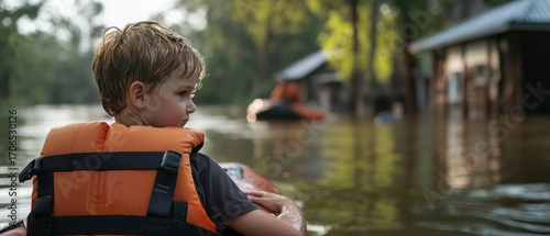Young boy in life vest on floodwaters contemplative expression