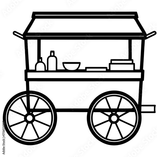 A simple black and white silhouette of a food cart with wheels and a canopy isolated on white background