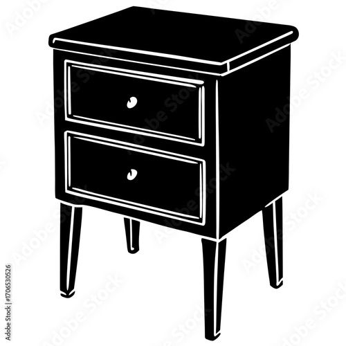 A classic black silhouette of a two drawer nightstand isolated on white background