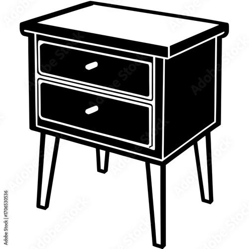 A black silhouette of a two drawer nightstand with tapered legs isolated on white background