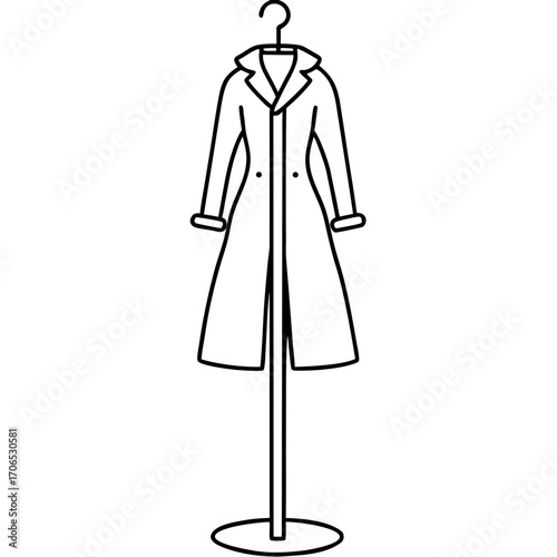 Elegant long trench coat displayed on a stand silhouette isolated on white background