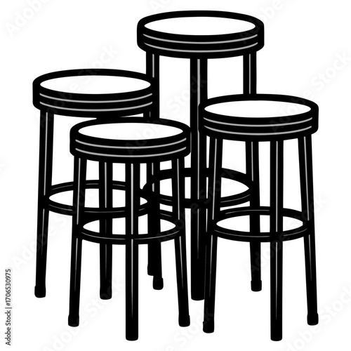 A group of four black bar stools with white seats in a silhouette style isolated on white background