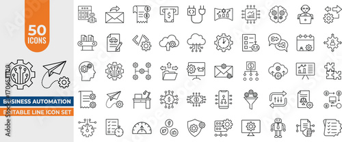 Business Automation Line Icon Set – Editable Stroke. Intelligent Process, Finance Automation, UI, Digital Optimization, BPM, Algorithm & Business Model Illustrations