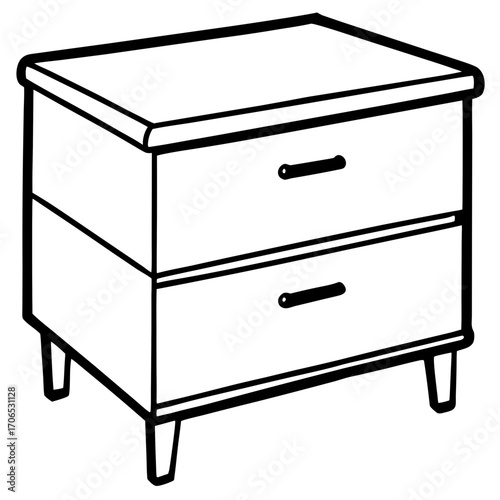 Simple black and white line art illustration of a two drawer nightstand silhouette isolated on white background