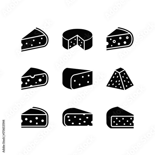 Set of 9 Flat Black Cheese Icons on a White Background for Food Design