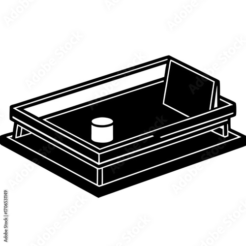 Isometric silhouette of a miniature sandbox with a single cylindrical object and a back wall isolated on white background