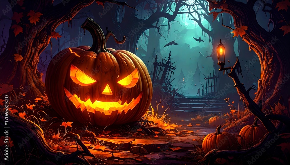 Fototapeta premium A spooky nighttime scene with a large, carved pumpkin glowing, with a graveyard and dark forest in the background. Leaves fall, and the atmosphere is eerie