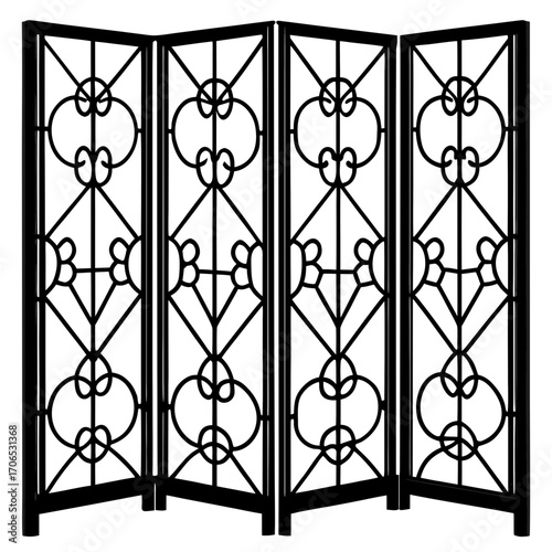 Decorative four panel folding screen with intricate geometric patterns silhouette isolated on white background