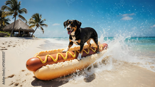 Hund surft auf Hotdog durch tropische Wellen – Cooles Wallpaper – Abstraktes Fantasie Hintergrundbild