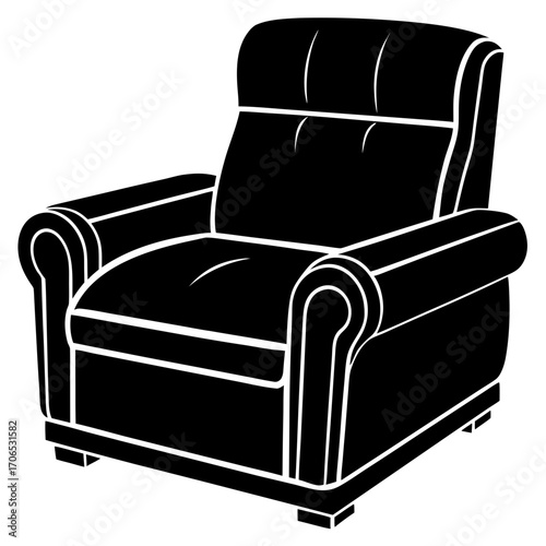 Black silhouette of a comfortable armchair with plush cushions isolated on white background