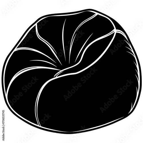 Black silhouette of a plump beanbag chair with white highlights isolated on white background