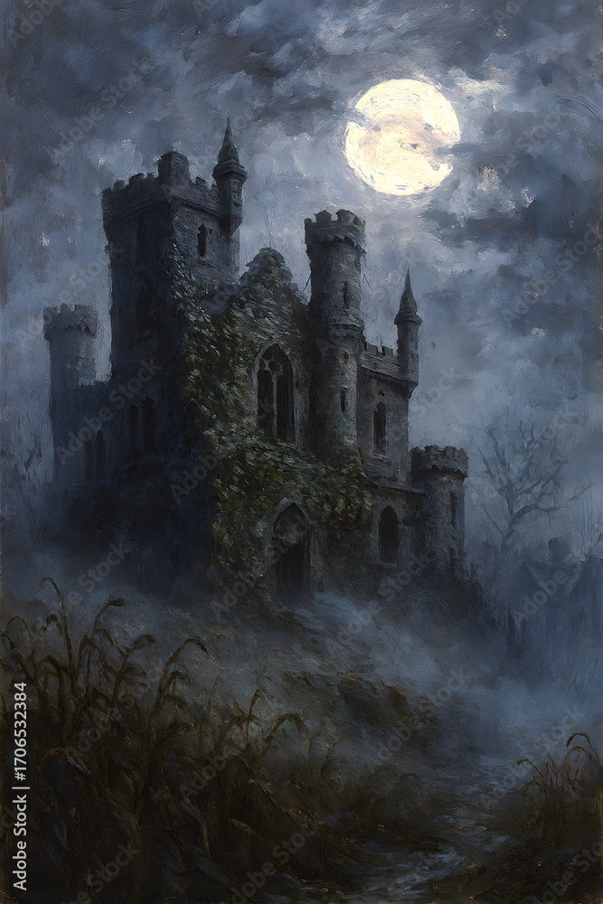 Fototapeta premium A haunted, ivy-covered gothic castle ruin standing desolate under a full moon on a spooky and misty night