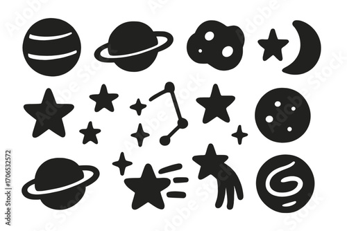 Creative celestial shapes in black and white arranged in an artistic pattern for a decorative or educational purpose