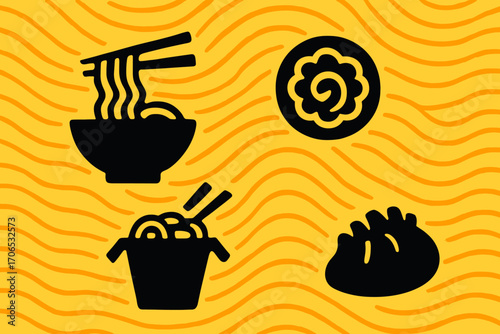 Explore various Asian dishes with dumplings and noodles presented on a vibrant yellow background