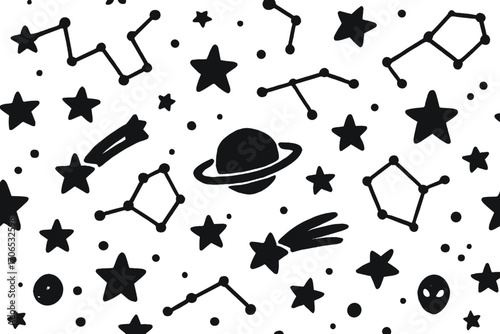 Black and white celestial pattern featuring stars, planets, and constellations in a whimsical design