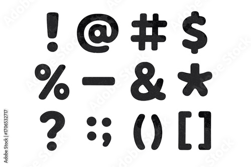 Black foam symbols arranged on a white background, showcasing various punctuation marks and special characters clearly