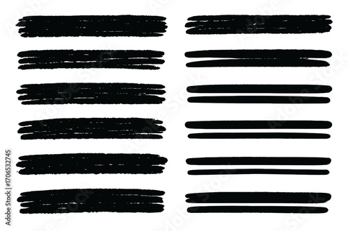 Brush strokes in various styles and thicknesses on a clean white background suitable for art or design projects