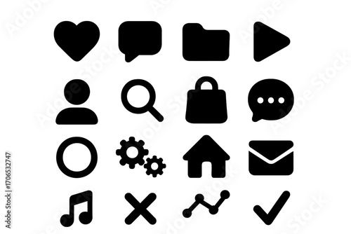 Collection of simple black icons representing various digital elements and user actions on a minimalistic background
