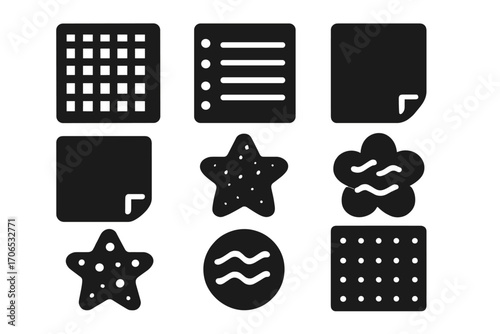 Various black shape icons featuring grid, list, note, star, and abstract designs suitable for digital or print use