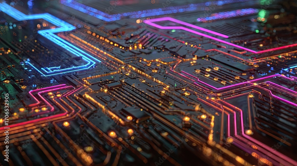 Obraz premium Hyper-realistic circuit board pattern illuminated by pulsating neon lights