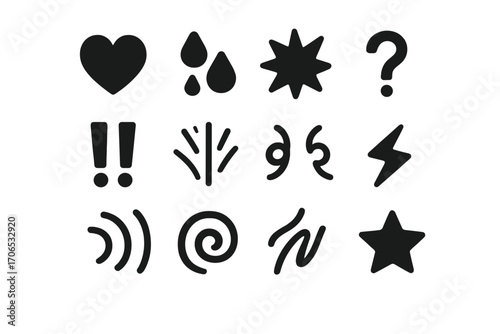 Creative icons illustrating various symbols like hearts, stars, and question marks for graphic design use